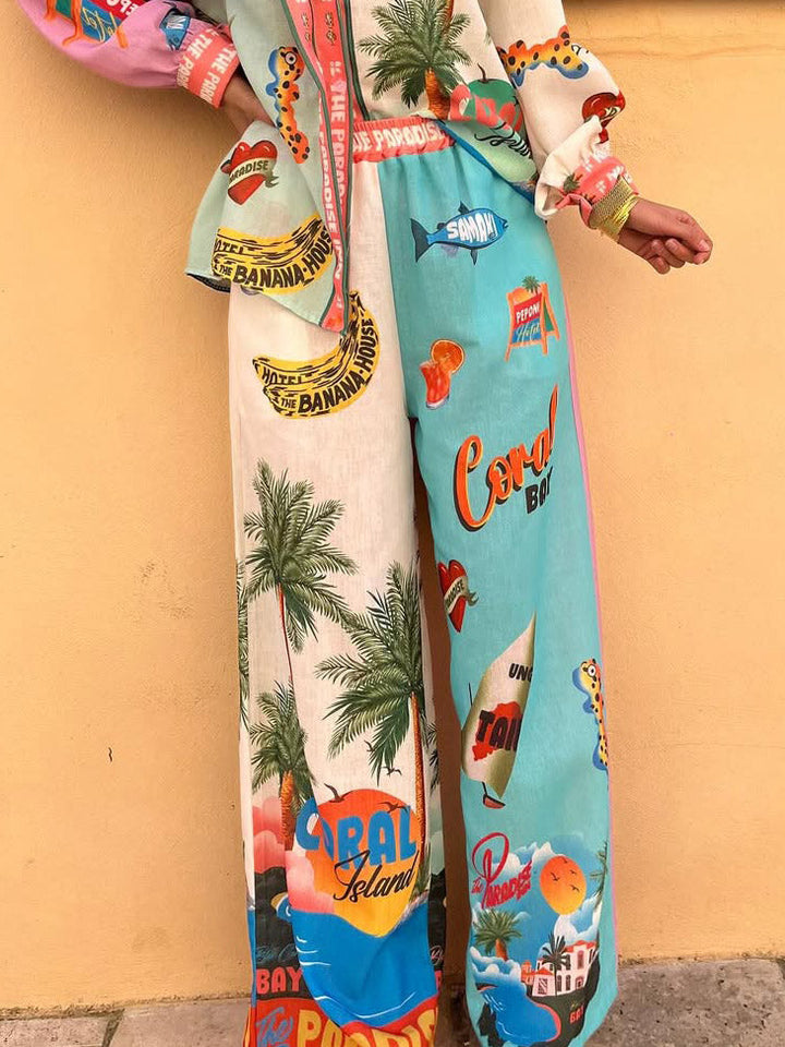 Unique Resort Island Print Elastic Waist Wide-leg Pants