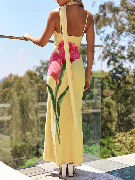 Elegant Painted Flower Print Scarf Ribbon Maxi Dress