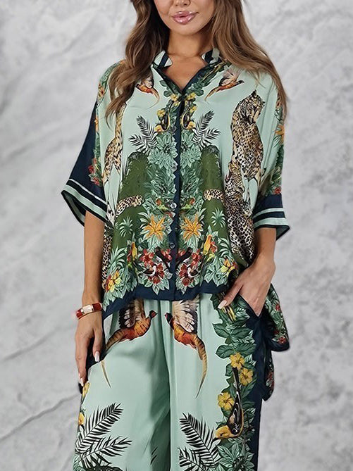 Exotic Jungle Print Batwing Sleeve Shirt & Wide Leg Pants Set