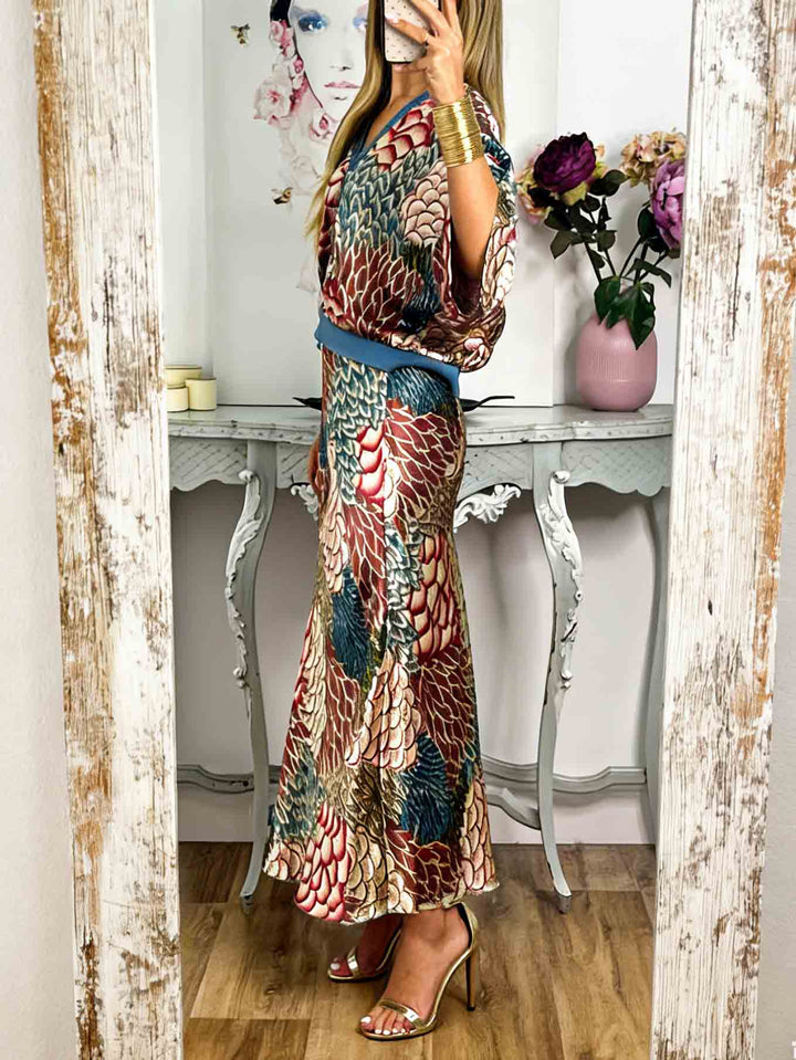 Elegant Vintage Satin Floral Print Fishtail Skirt
