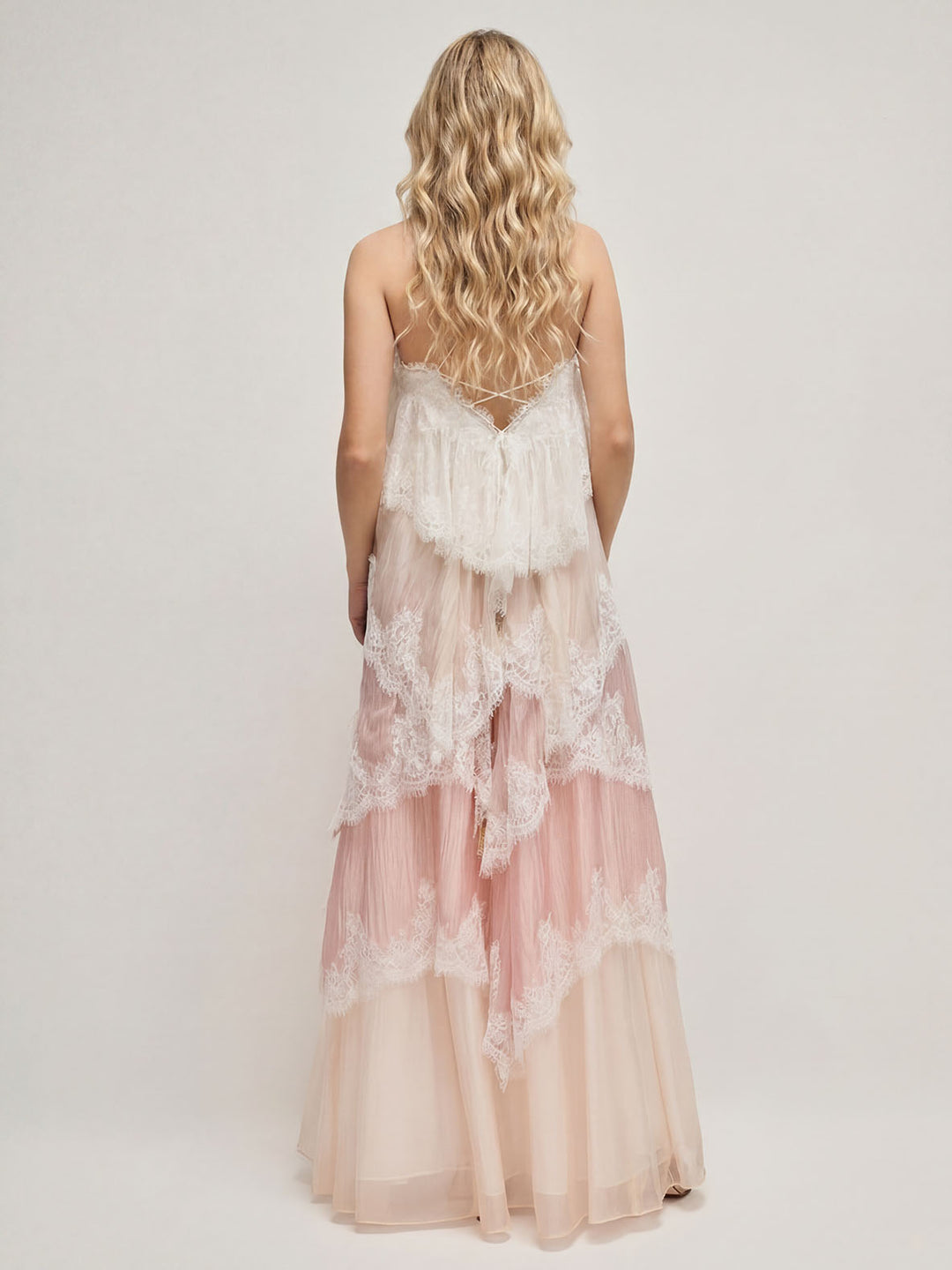 Ombre Tiered Lace Trim Spaghetti Strap Maxi Dress