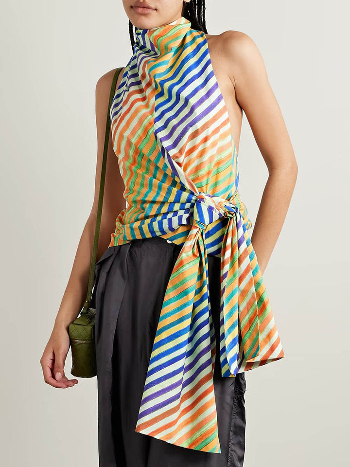 Unique Striped Print Crayon Knot Halter Top