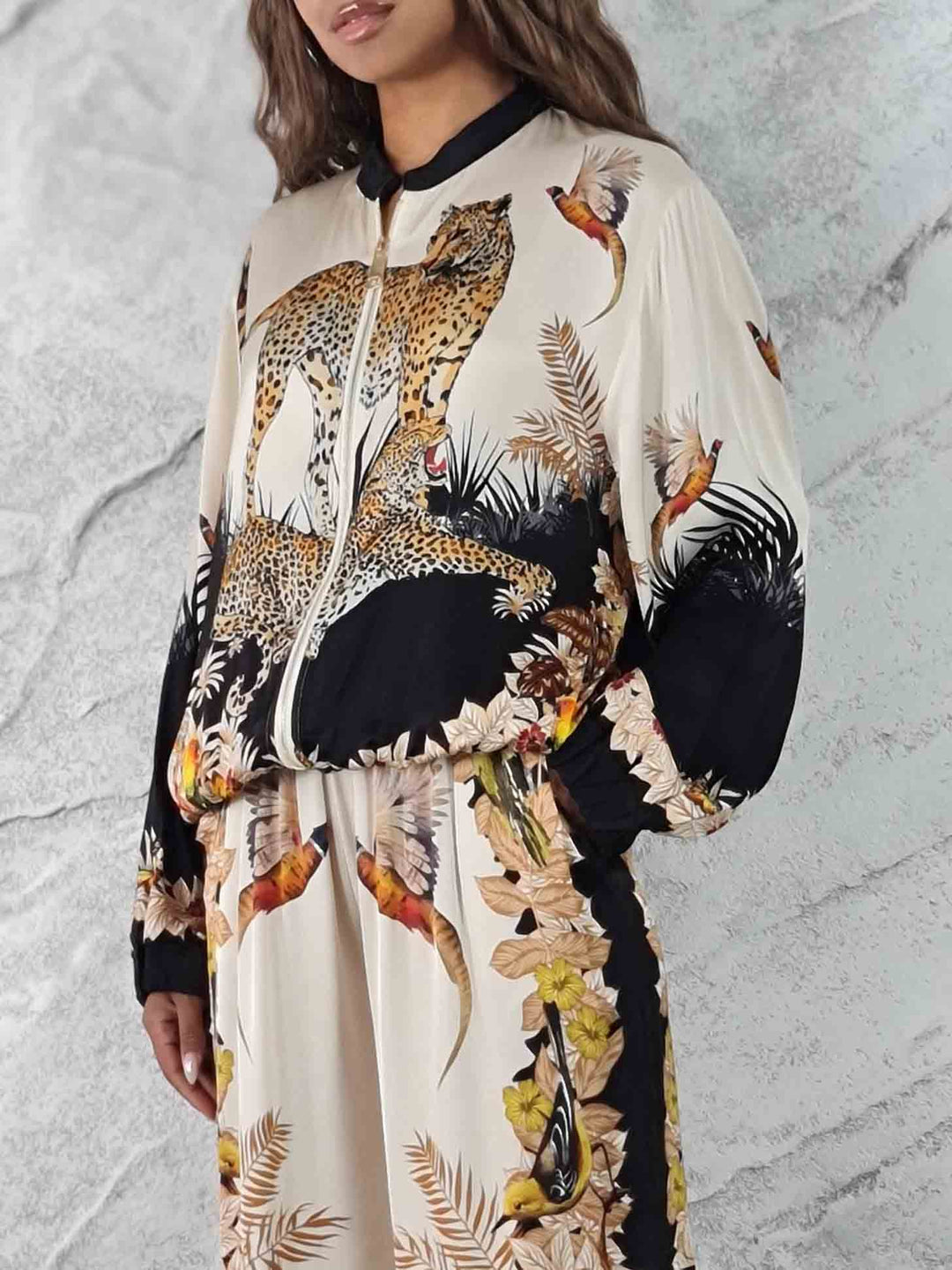 Exotic Jungle Print Zip-Up Long Sleeve Shirt