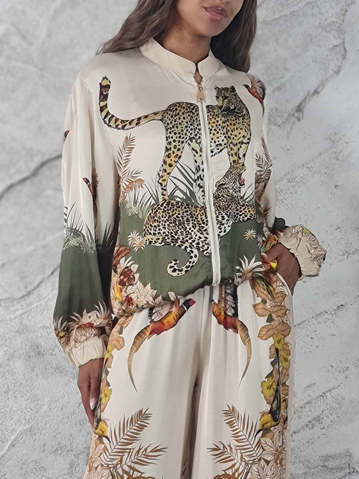Exotic Jungle Print Zip-Up Long Sleeve Shirt