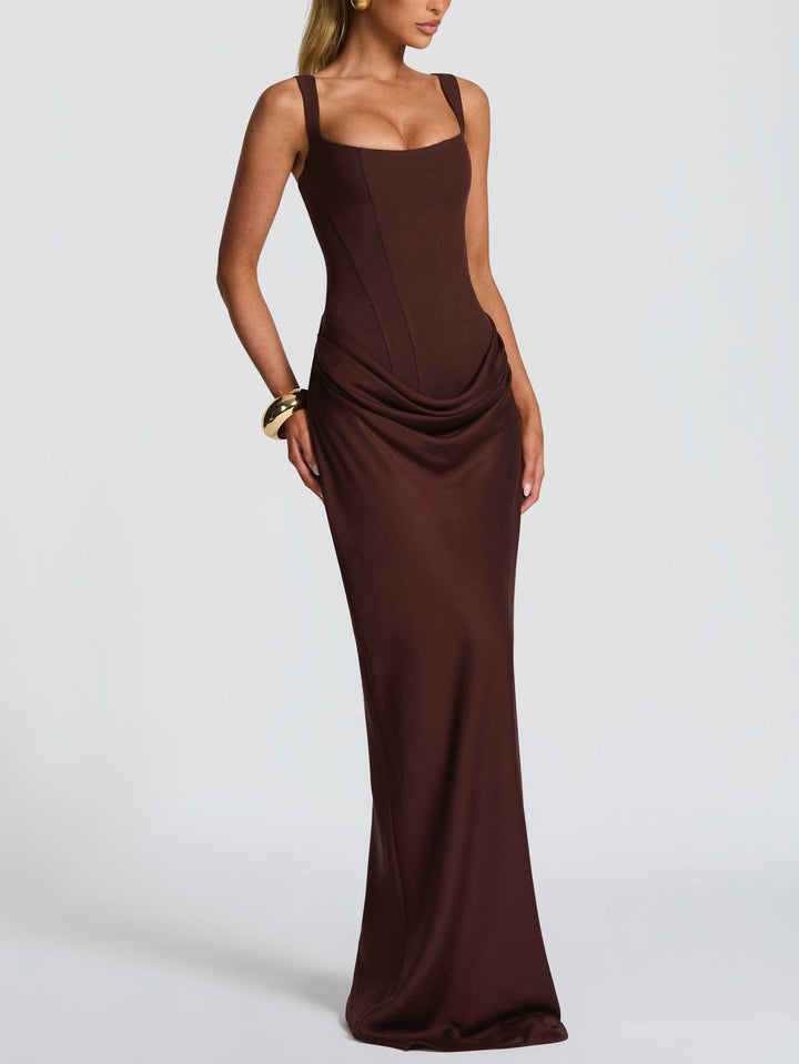 Elegant Square Neck Cinched Top & Ruched Waist Draped Maxi Dress