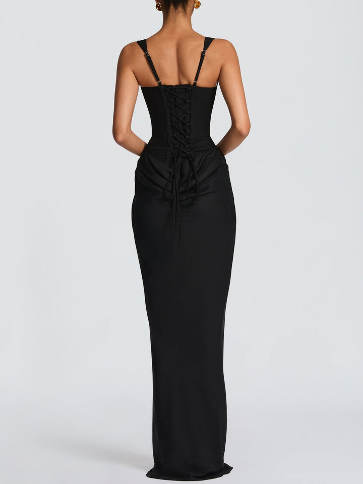Elegant Square Neck Cinched Top & Ruched Waist Draped Maxi Dress