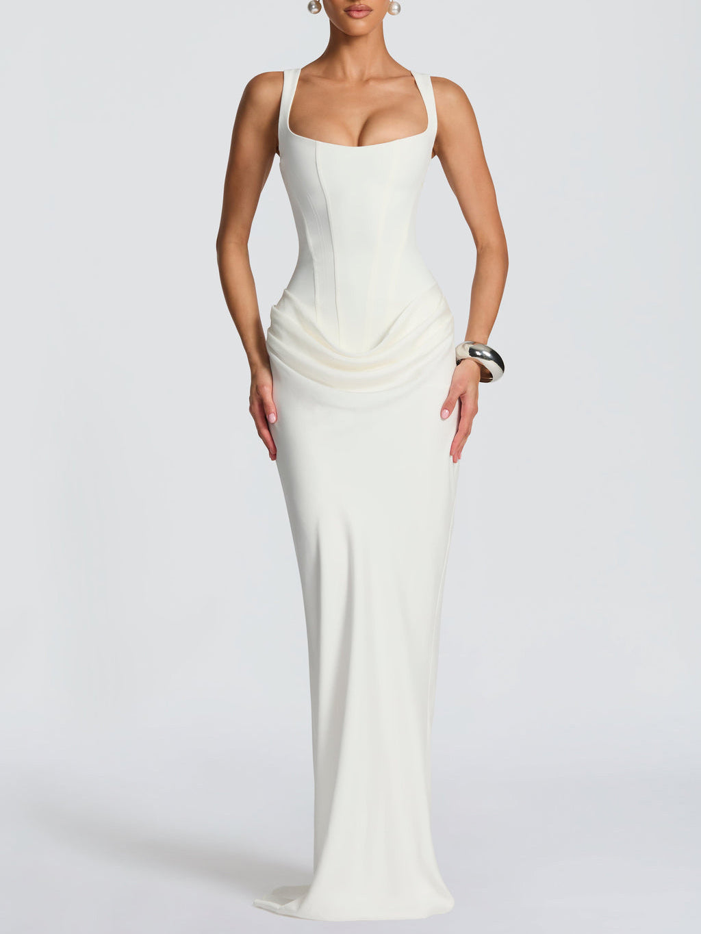 Elegant Square Neck Cinched Top & Ruched Waist Draped Maxi Dress