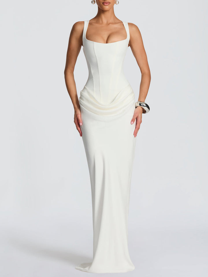 Elegant Square Neck Cinched Top & Ruched Waist Draped Maxi Dress