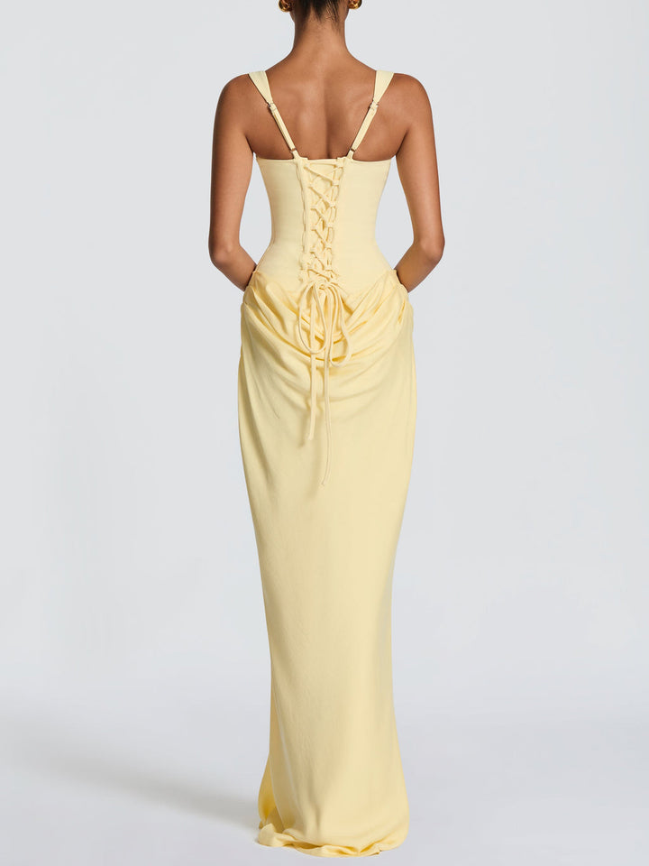 Elegant Square Neck Cinched Top & Ruched Waist Draped Maxi Dress