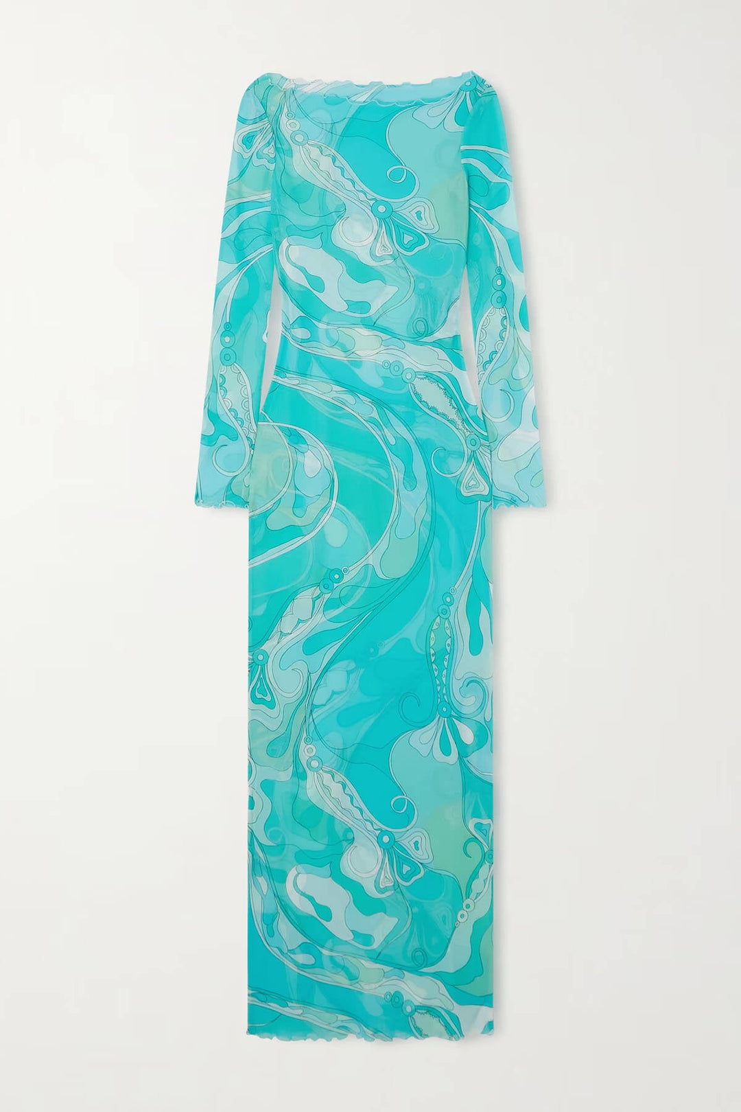 Exquisite Unique Ruffled Printed Tulle Maxi Dress