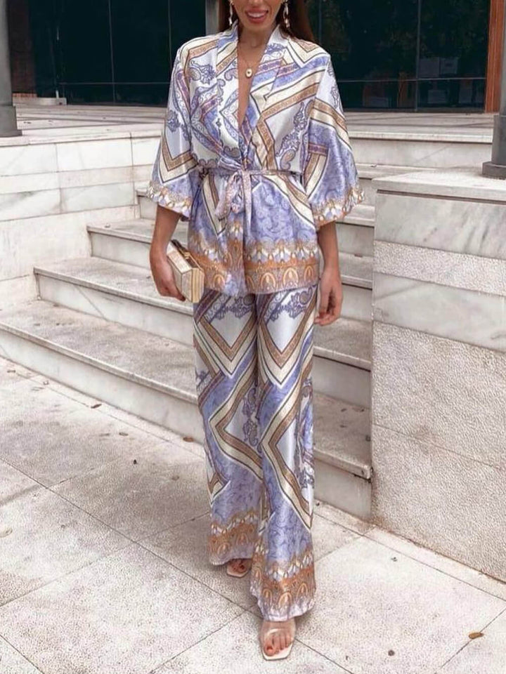 Elegant Unique Pattern Printed Belted Loose Lapel Top