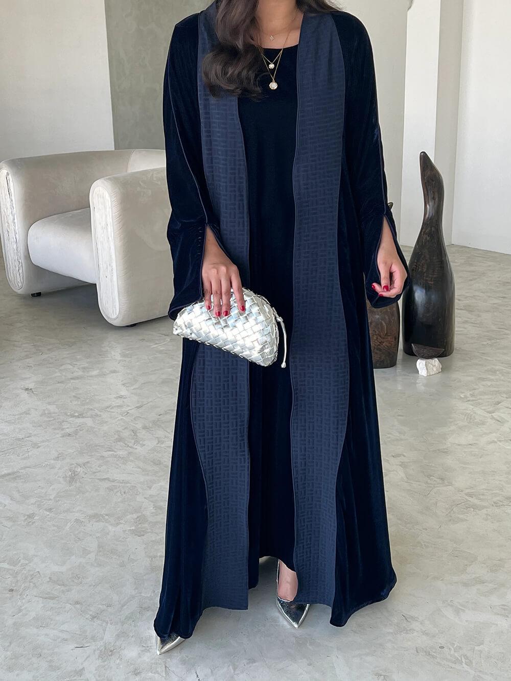 Elegant Navy Blue Printed Velvet Robe Cardigan