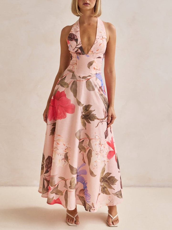 Retro Terez Linen Floral Print Halter Backless Tie-Up Maxi Dress