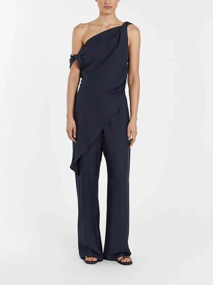 Casual Asymmetrical Twist Detailing Top Linen-Blend Pants Set