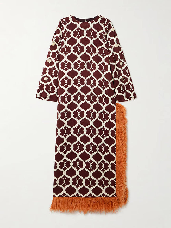 Exquisite Printed Feather-Trim Side-Slit Maxi Dress