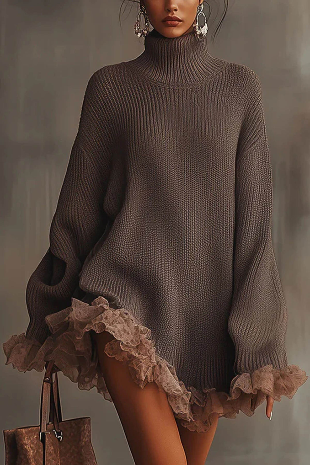 Fashion Solid Color Turtleneck Long-sleeved Loose Ruffle Knit Mini Dress