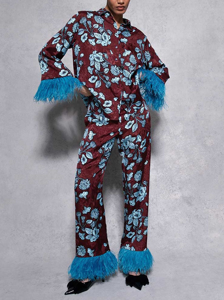 Retro Floral Print Satin Feather Wide-leg Pants