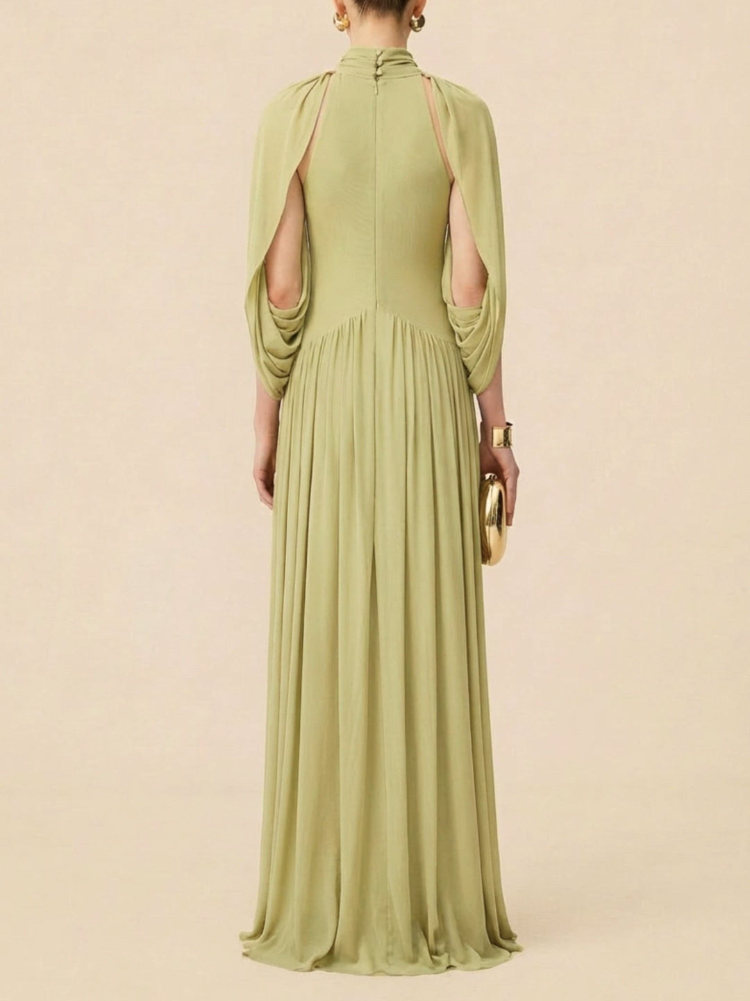 High Neck Pleated Cape Formal Maxi Dress