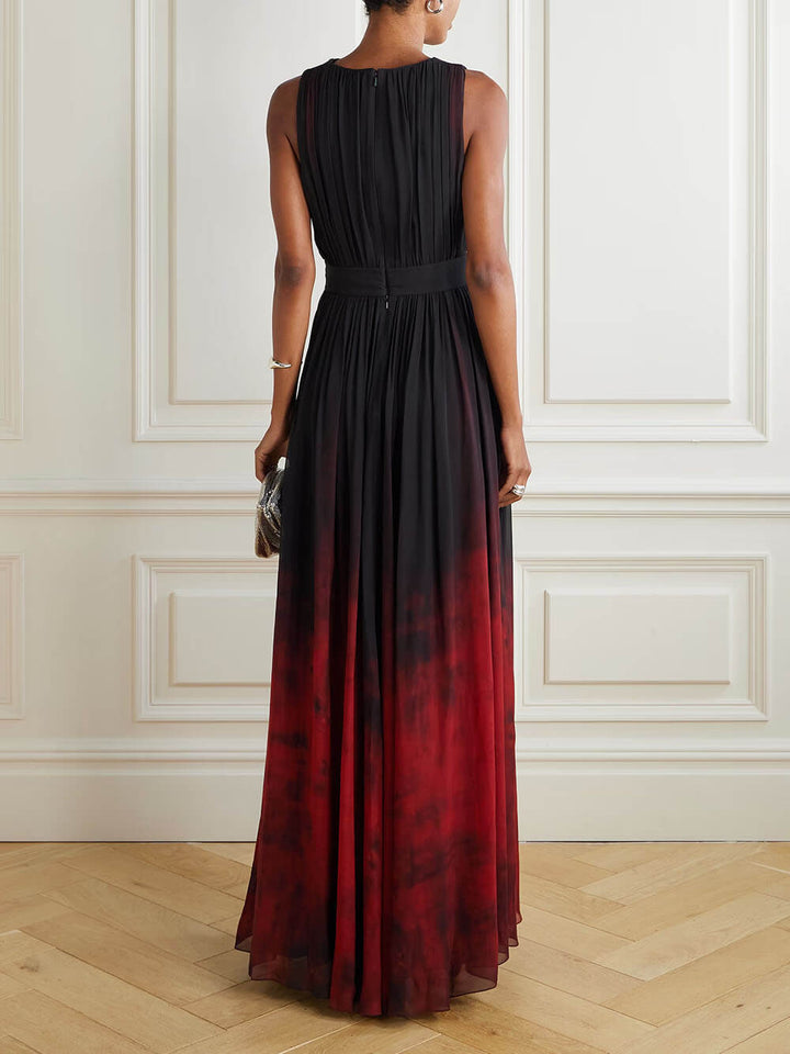 Elegant Printed Gradient Chiffon Pleated Printed Maxi Dress
