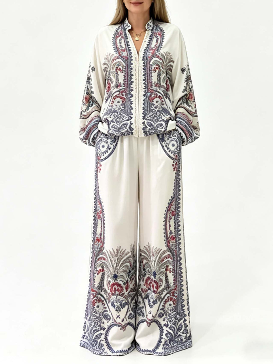 Elegant Paisley Print Zip-Up Shirt & Wide Leg Pants Set