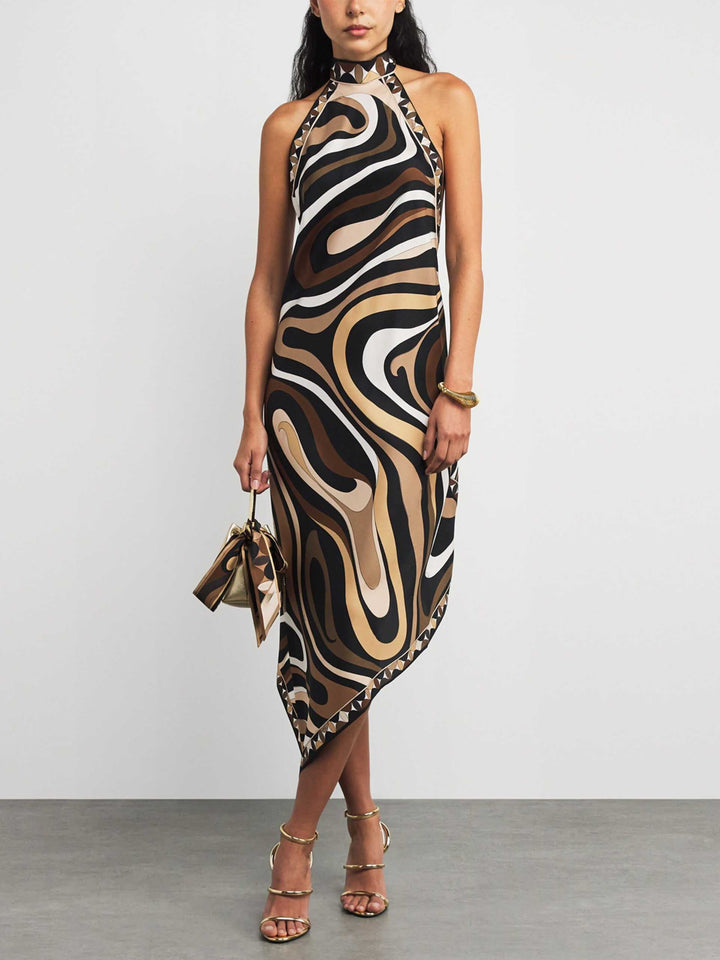 Exquisite Satin Irregular Print Halterneck Midi Dress