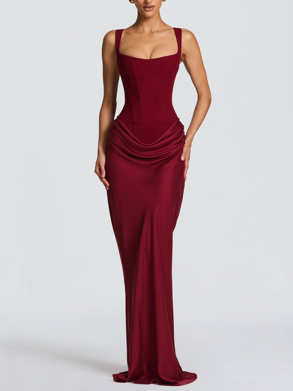 Elegant Square Neck Cinched Top & Ruched Waist Draped Maxi Dress