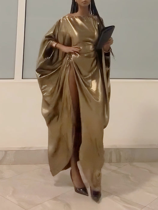 Elegant Metal Drawstring Bat Sleeve Robe Dress