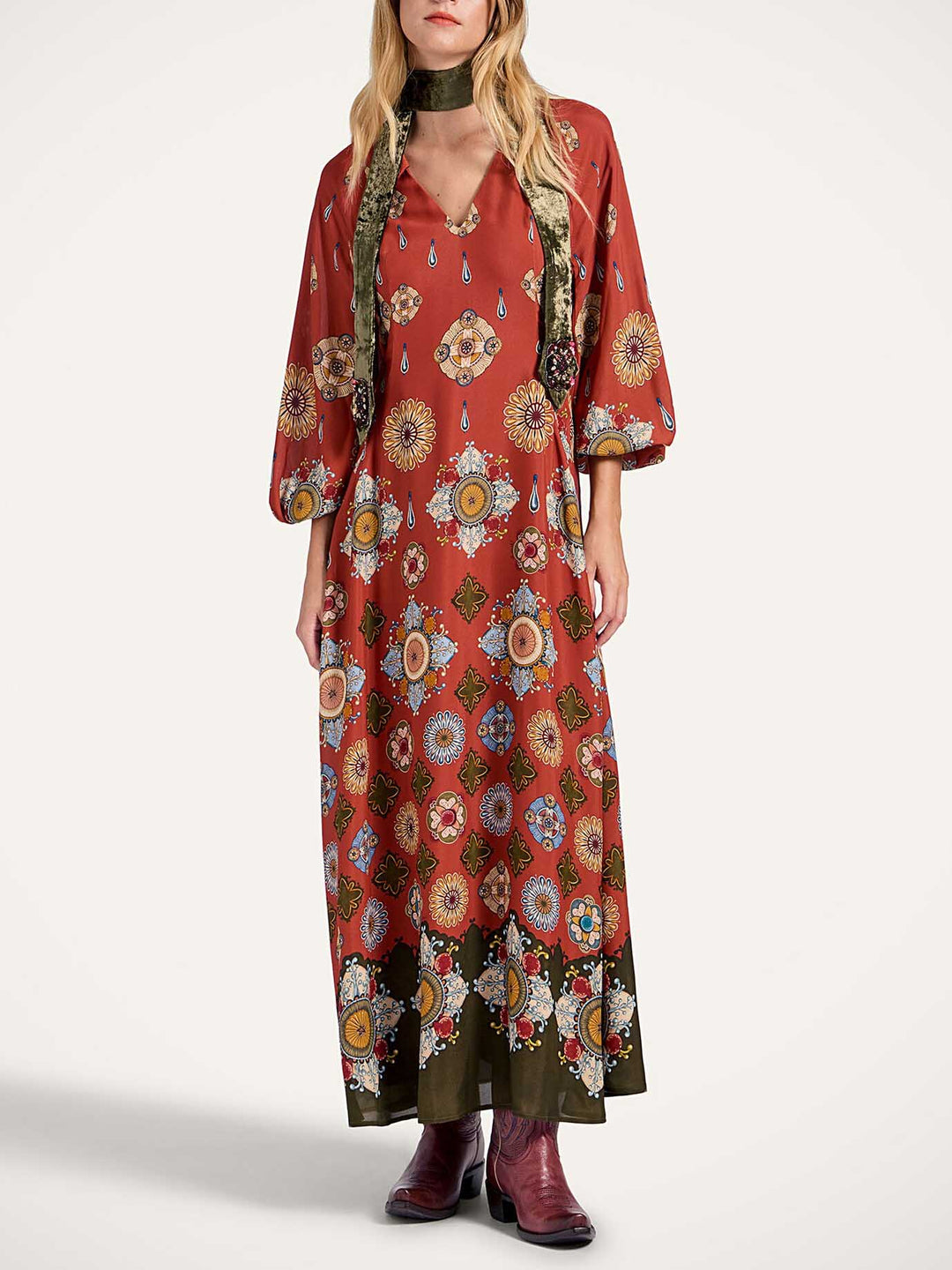 Elegant Satin Printed Shirt Collar Long Sleeve Maxi Dress
