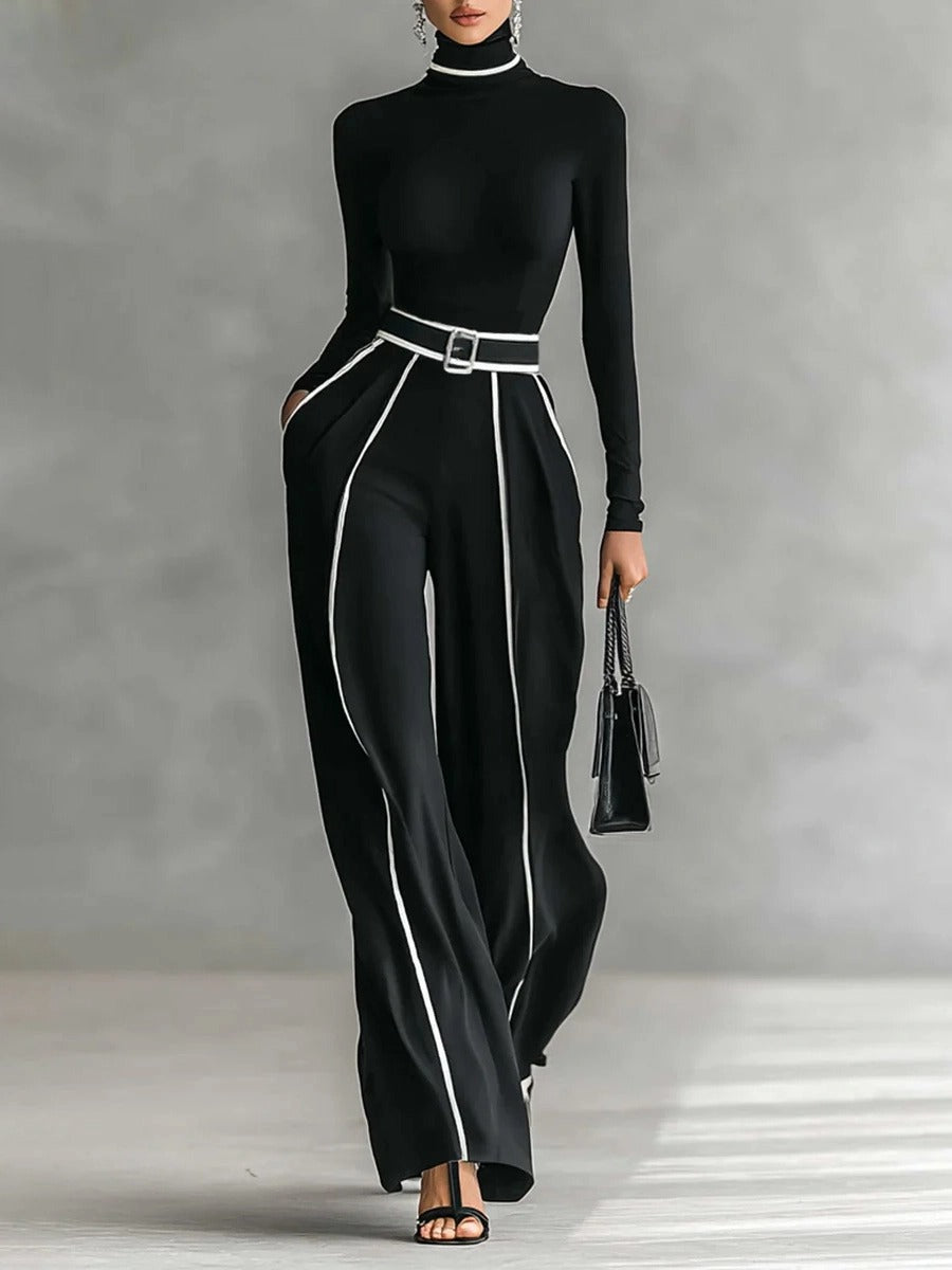 Elegant High Neck Slim Fit Long Sleeve Top Two-Piece Set