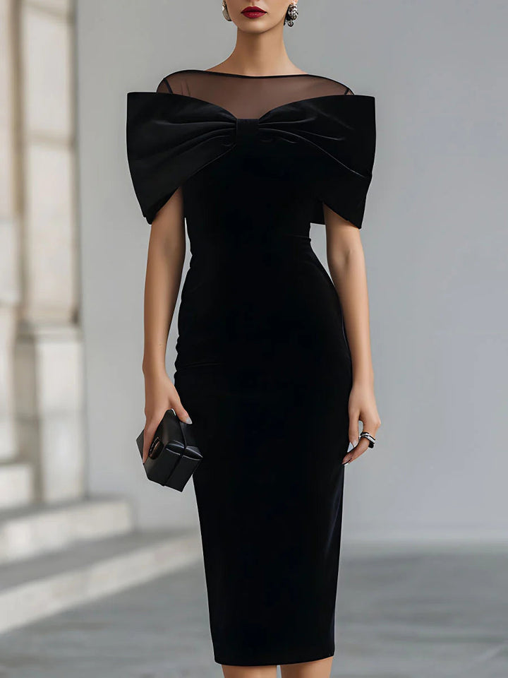 Elegant Bow-Detail Sheer Neckline Midi Dress