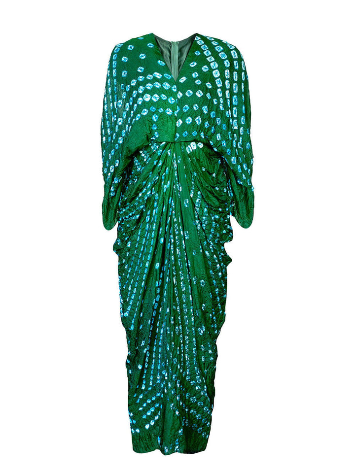 Kimono Tie-Dye Print V-Neck Pleated Robe Maxi Dress