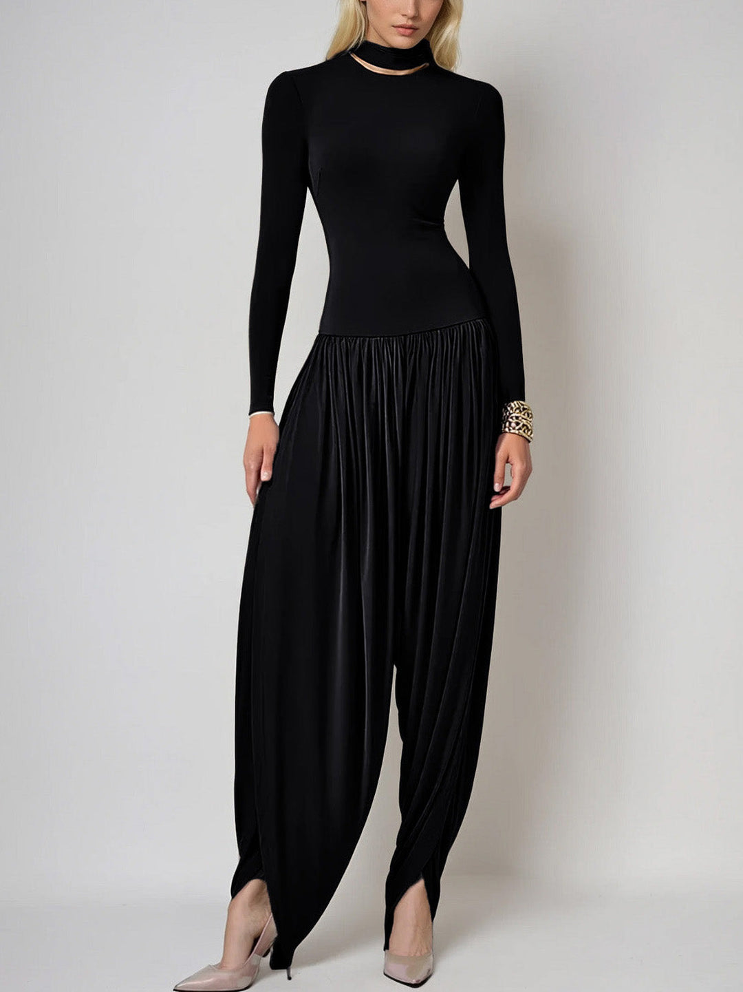 Fashionable Draped High-neck Jumpsuit