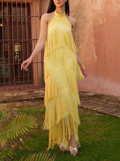 Elegant Halter Neck Tassel Party Maxi Dress