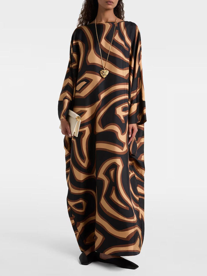 Retro Geometric Abstract Swirling Print Satin Robe Dress