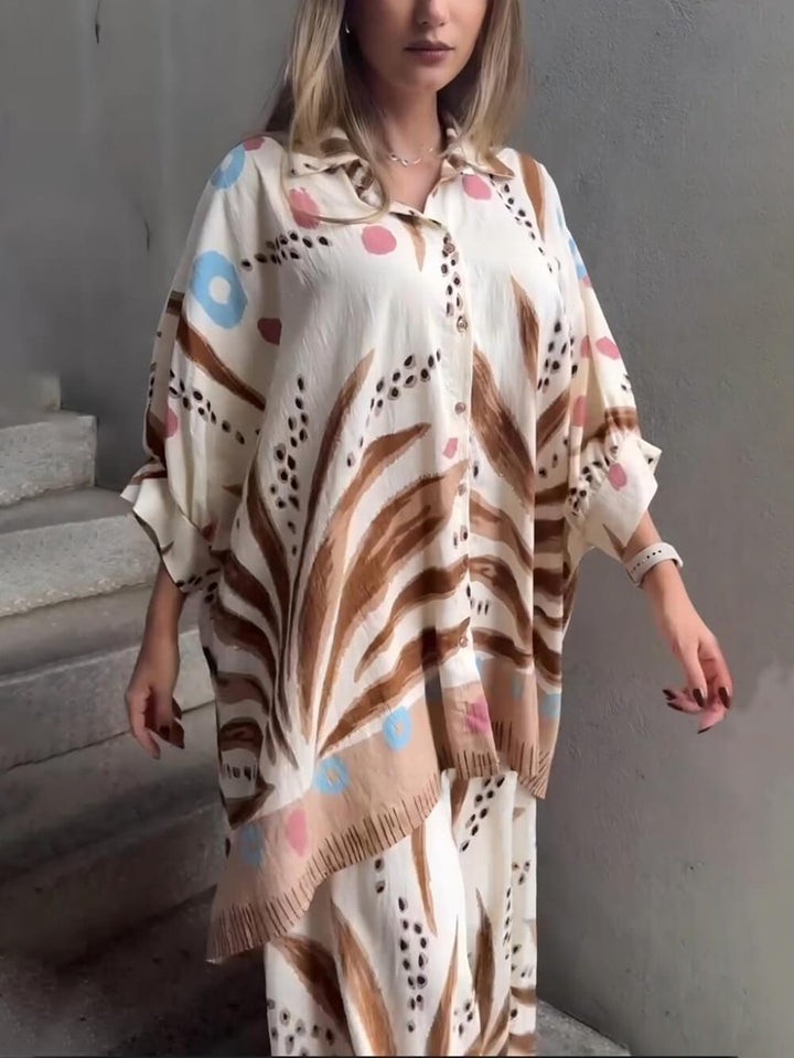 Unique Bohe Print Colorblock Elastic Waist Loose Fit Wide Leg Pants