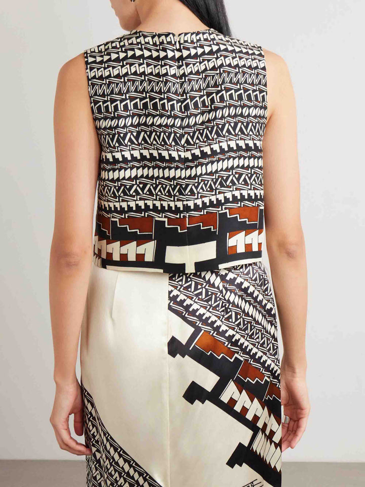 Geometric Print Satin Crop Top & Midi Skirt Two Piece Set