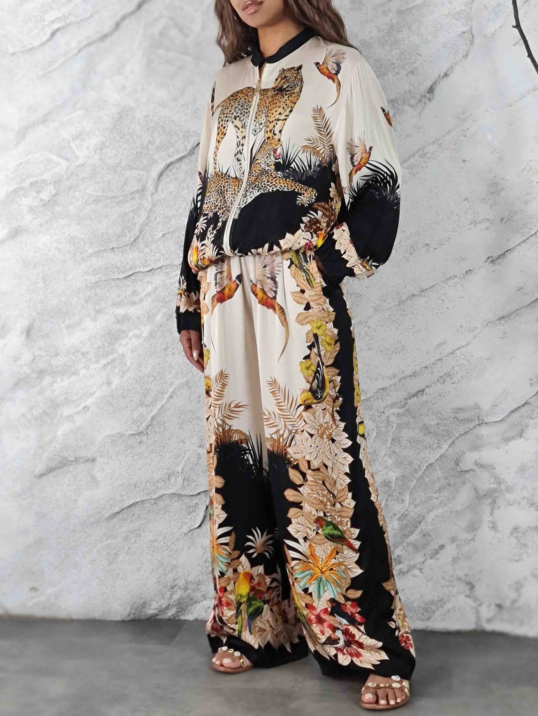 Exotic Jungle Print Zip-Up Shirt & Wide Leg Pants Set