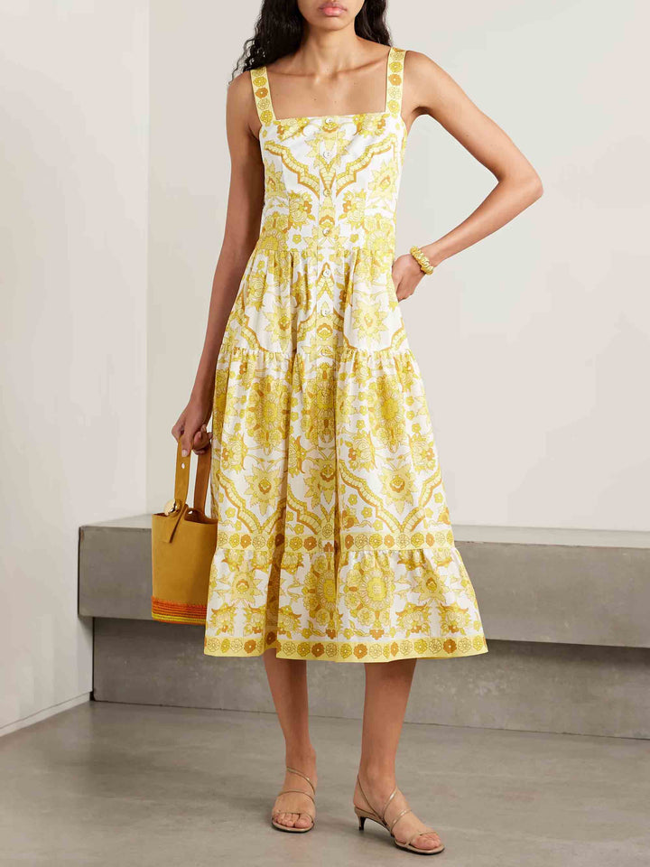 Exquisite Tile Floral Print Buttoned Midi Dress