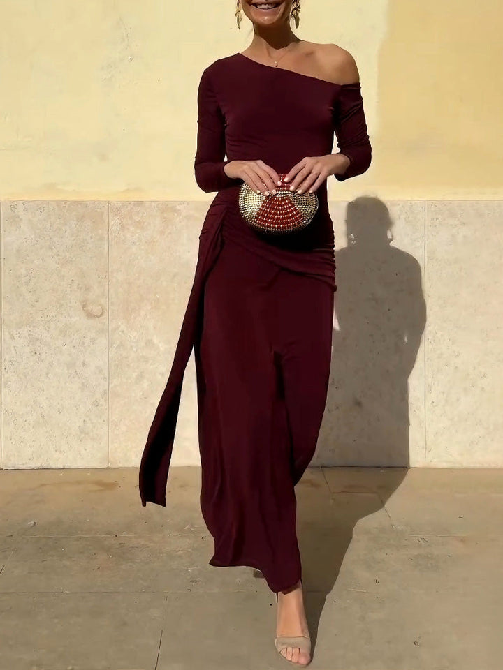 Elegant Off-the-shoulder Pleated Knitted Slim Maxi Dress