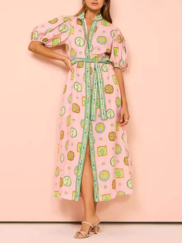 Unique Linen Graffiti Print Lantern Sleeve Maxi Dress