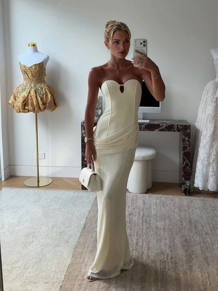Elegant Strapless Corset Ruched Sequin Maxi Dress