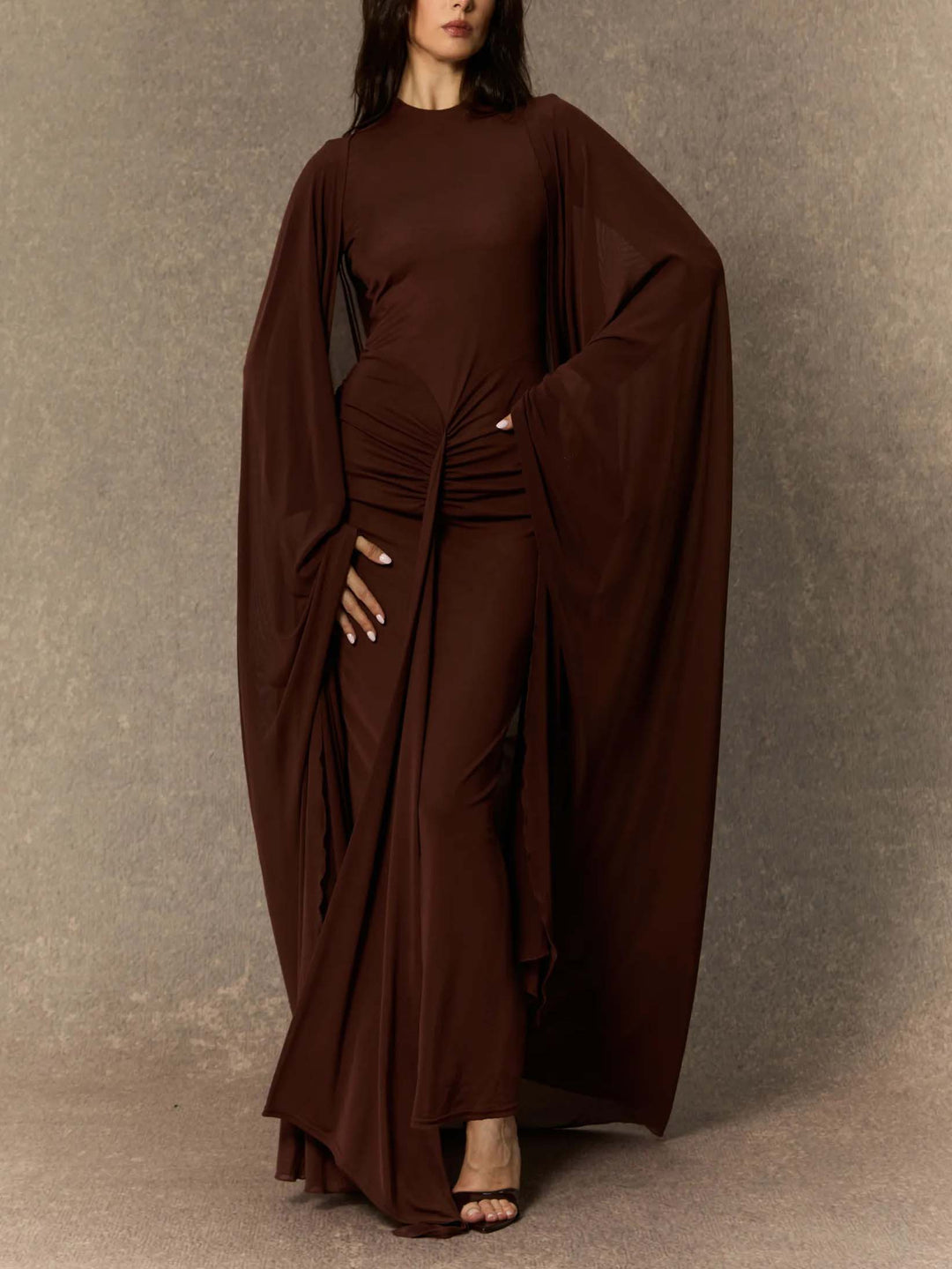 Elegant Pleated Flowing Shawl Two-piece Maxi Dress