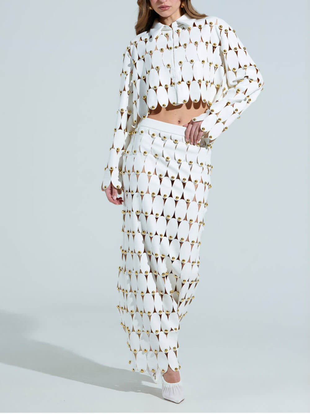 Exquisite Cut-Out Studded PU Maxi Skirt