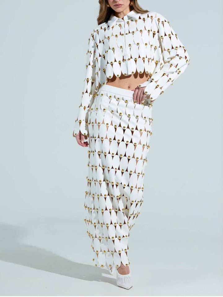 Exquisite Cut-Out Studded PU Cropped Cardigan Top