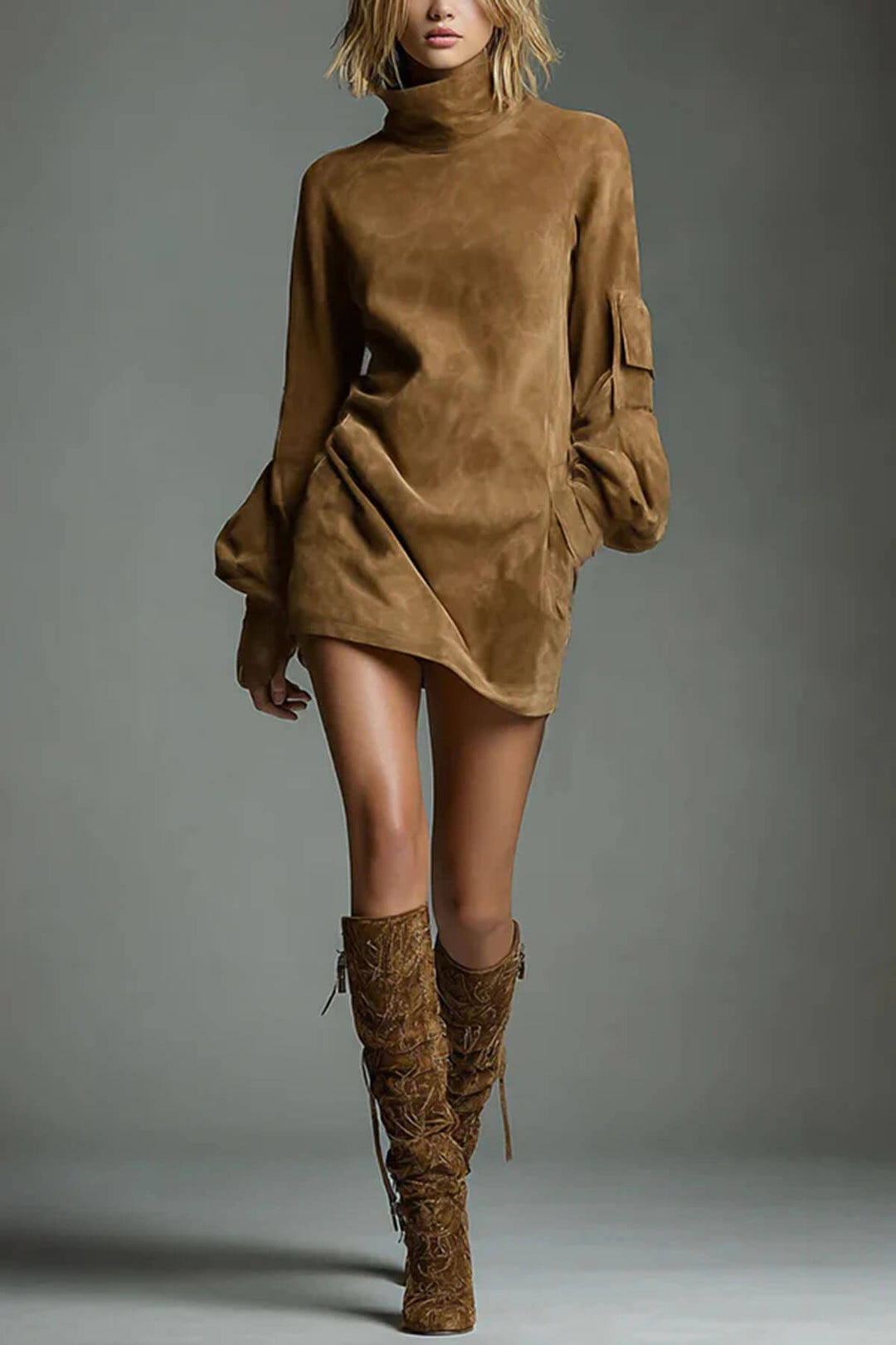 Retro Stylish High-Neck Long-Sleeved Casual Pocket Mini Dress