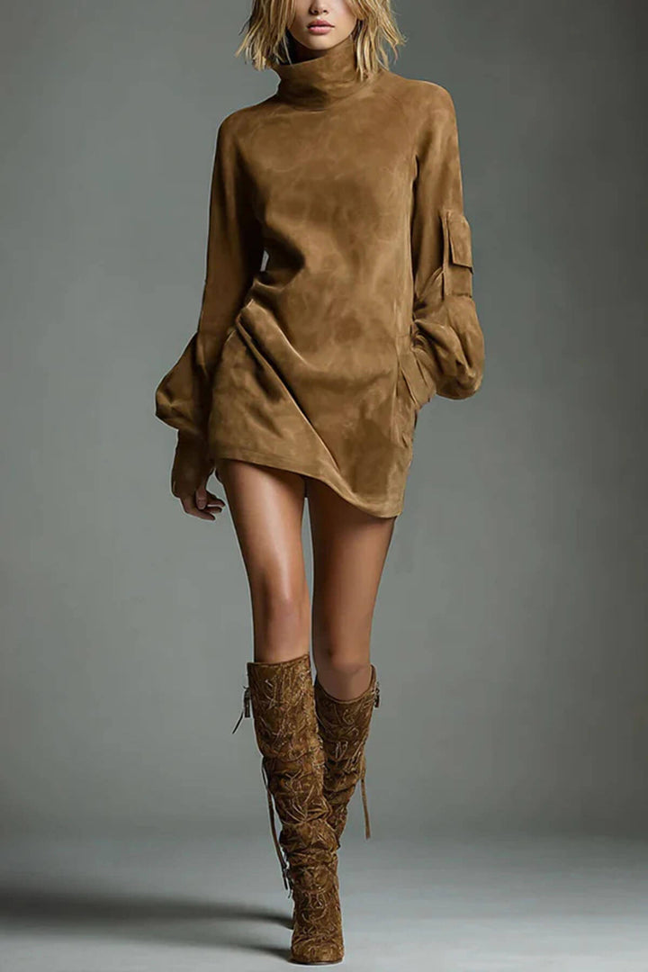 Retro Stylish High-Neck Long-Sleeved Casual Pocket Mini Dress