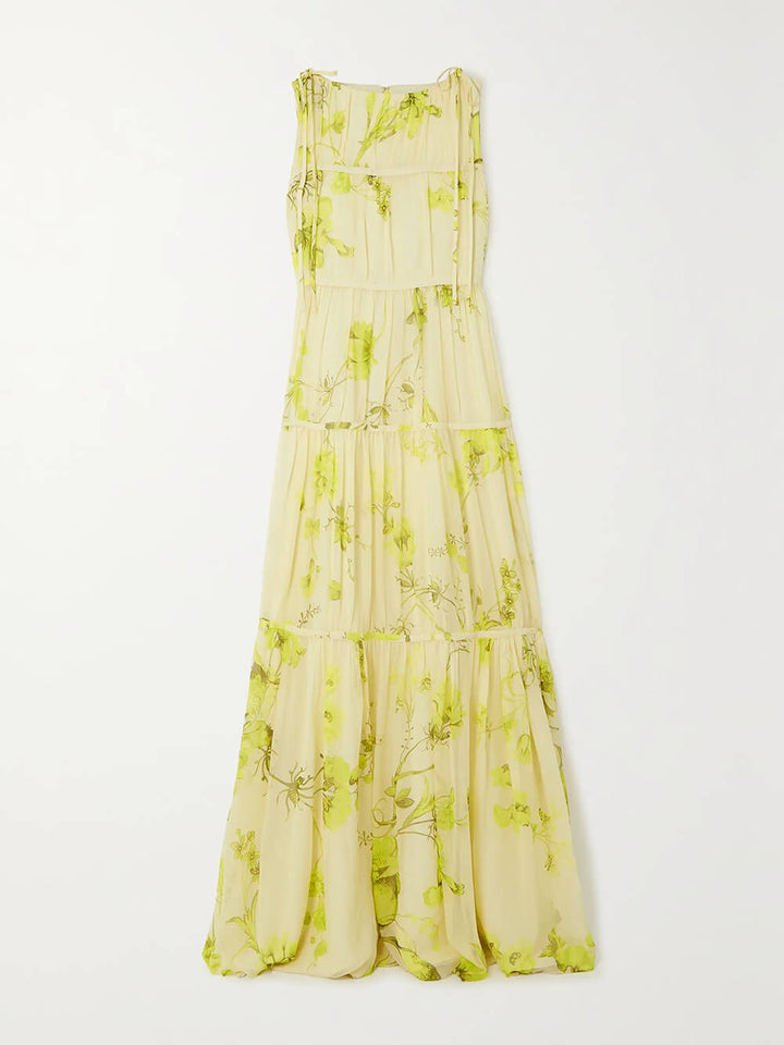 Vintage Bloom Tie-Front Layered Floral Print Chiffon Casual Maxi Dress