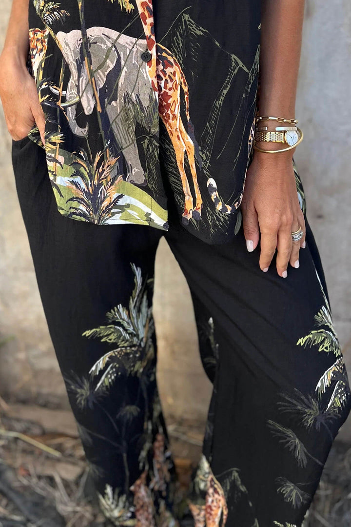 Unique Jungle Print Elastic Waist Pocket Wide-Leg Pants