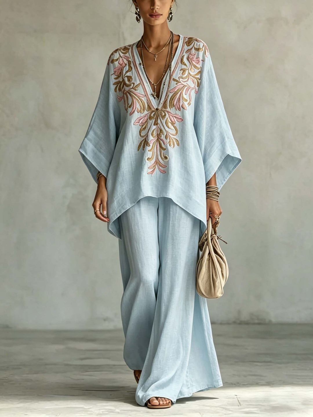 Casual Embroidered V-Neck Batwing Sleeve Shirt Two-Piece Set