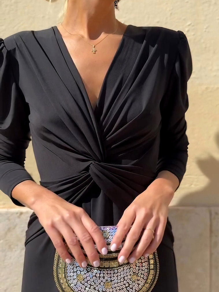 Elegant V-neck Twist Slit Maxi Dress